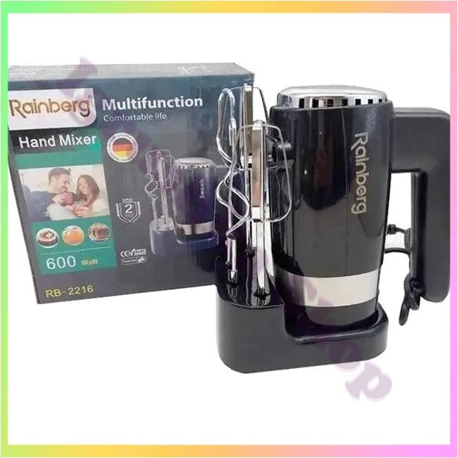 Ручний міксер Rainberg RB-2216 5 швидкостей 600W для замісу тесту приготування соусів збивання яєць з насадками підставкою, фото 1