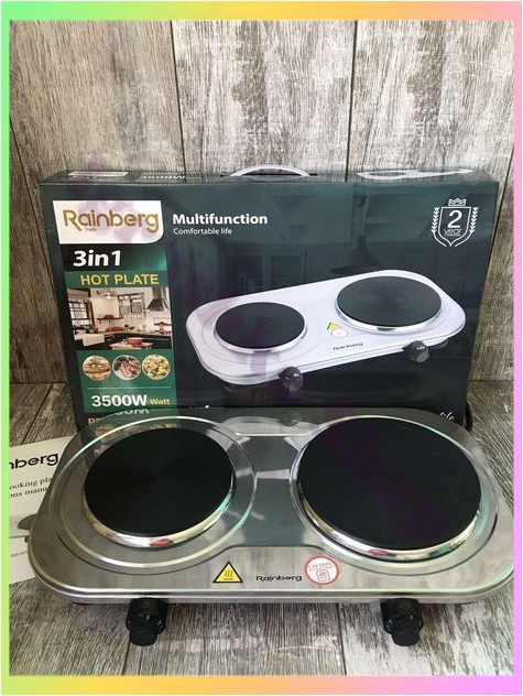 Електрична двоконфоркова плита компактна з нержавіючої сталі Rainberg RB-007 варильна панель 3500 Вт срібляста, фото 1