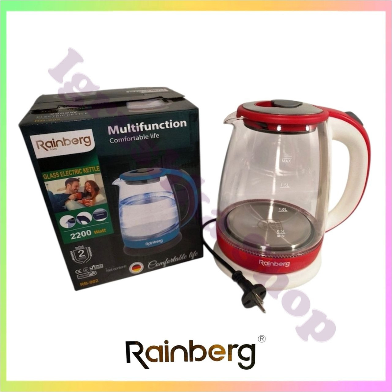 Електричний чайник скляний Rainberg 1.8 л RB-902 з LED підсвічуванням нагрівальний елемент нержавіюча сталь 360 градусів, фото 1