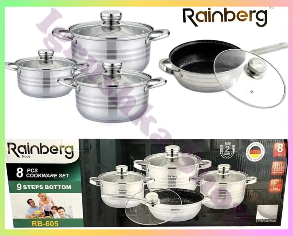 Набір кастрюль Rainberg RB-605 8 предметів посуд з нержавіючої сталі каструлі сковорідка кришки посудомийка, фото 1