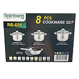 Набір кастрюль Rainberg RB-605 8 предметів посуд з нержавіючої сталі каструлі сковорідка кришки посудомийка, фото 2