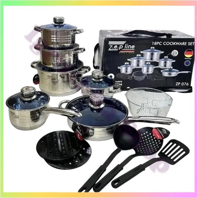 Набір кастрюль із нержавіючої сталі Zepline ZP-076 18 предметів для всіх плит антипригарне покриття жаростійке скло мірна шкала, фото 1