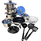 Набір кастрюль із нержавіючої сталі Zepline ZP-076 18 предметів для всіх плит антипригарне покриття жаростійке скло мірна шкала, фото 2