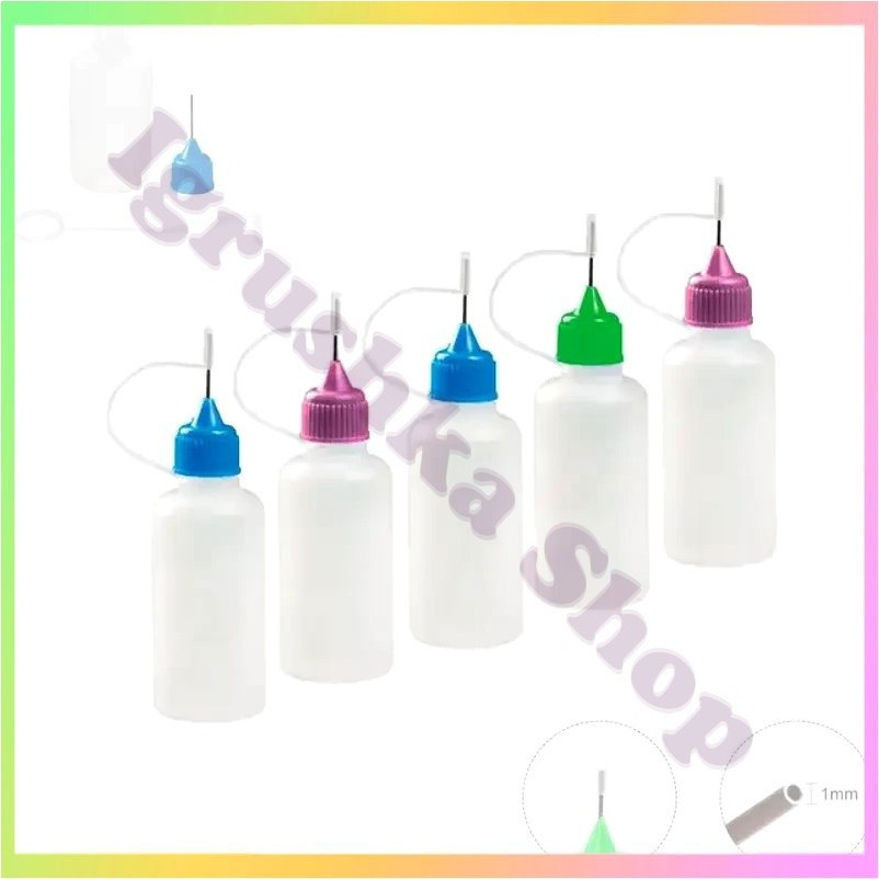 Пластикові пляшечки 30 мл 5 штук з металевим носиком та кришкою для рідин масел клею та чорнила, фото 1