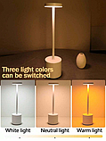 Світлодіодна бездротова настільна лампа з сенсорним управлінням на акумуляторі три кольори для дому та вулиці, фото 5