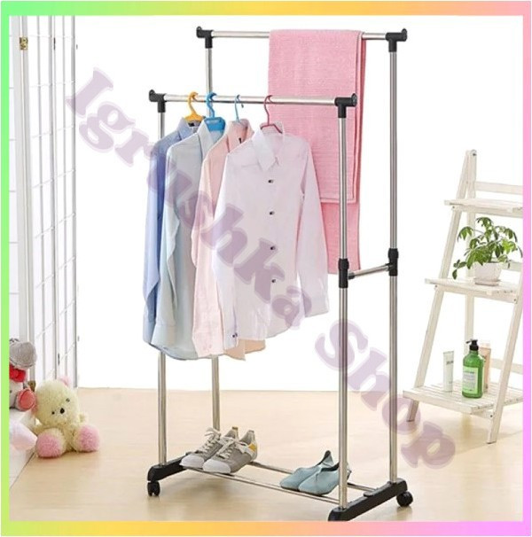 Універсальна телескопічна підлогова стійка для одягу підвійна пересувна стійка для одягу з колесами та поличкою для взуття, фото 1