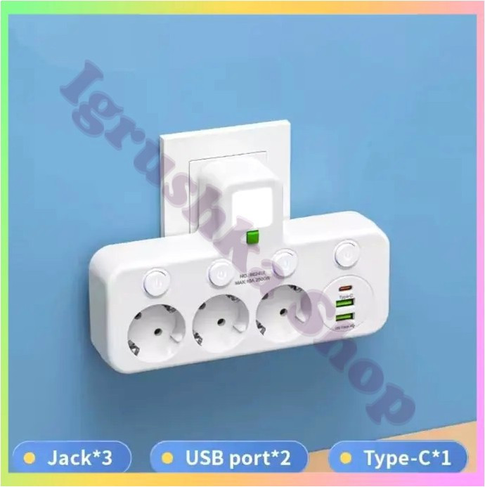 Сітковий фільтр трійник з підсвічуванням 3 розетки USB Type-C адаптер білий для заряджання побутової техніки, фото 1