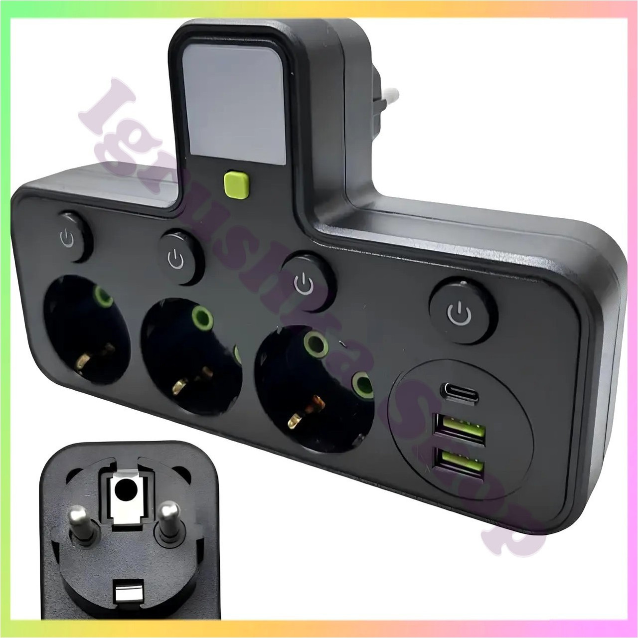 Сітковий фільтр трійник з підсвічуванням 3 розетки 2 USB Type-C чорний адаптер зарядка для гаджетів побутова техніка, фото 1