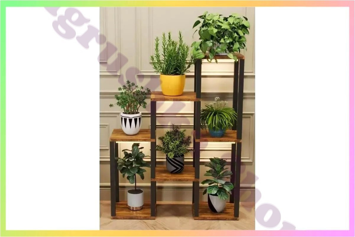 Стійка для рослин та квітів з 7 полів у стилі лофт чорний металевий каркас МДФ до 60 кг для дому офісу балкону, фото 1
