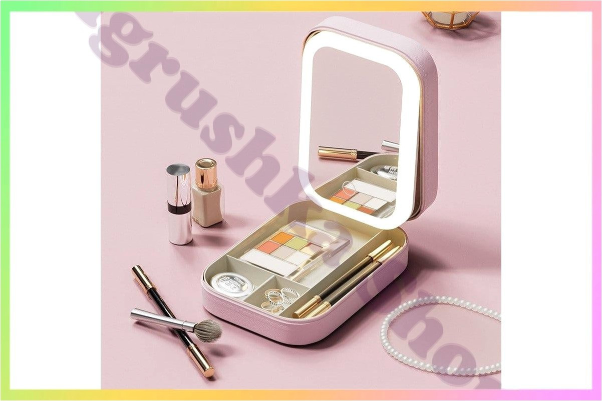 Багатофункціональний косметичний органайзер для макіяжу з LED зеркалом розовий компактний стильний косметичний бокс, фото 1