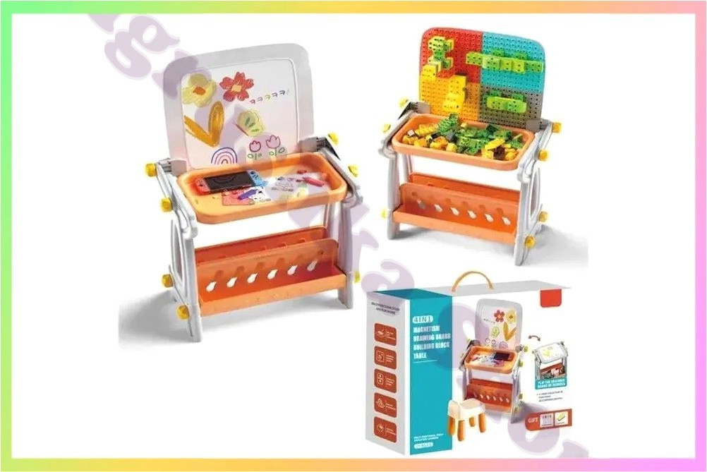 Дитячий стіл трансформер 4 в 1 зі стільцем магнітна дошка для малювання конструктор з блоків розвиваючий ігровий столик, фото 1