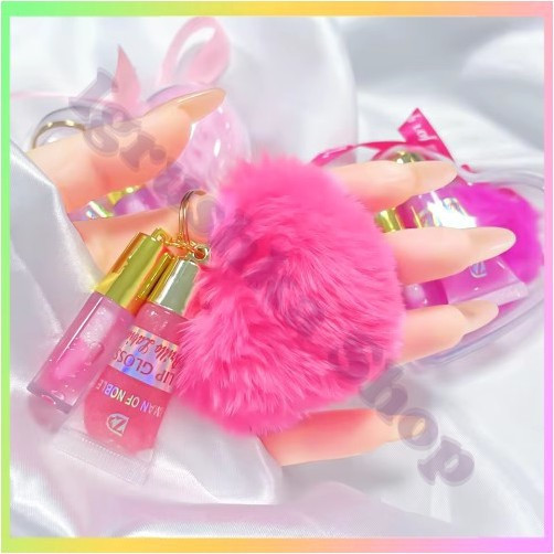 Набір блисків для губ 2 в 1 з меховим брелоком блискучий глянець зволоження обаpos;єм, фото 1