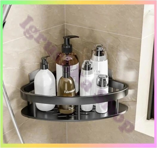 Кутова поліця для ванної чорна підвісна металева самоклеюча універсальна для косметики органайзер для ванної кімнати, фото 1