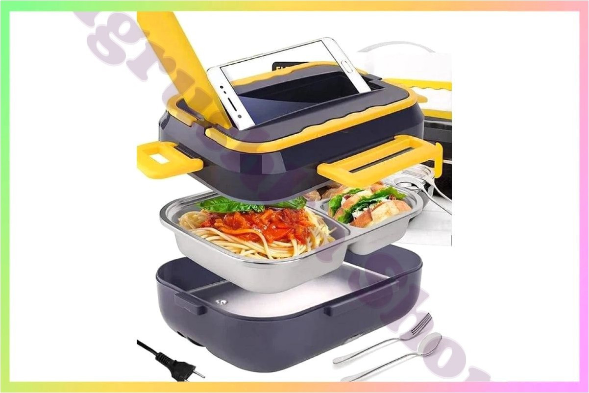 Ланч бокс з підігрівом електричний 220V 1.5 літра нержавіюча сталь 3 відсіки для їжі з ложкою вилкою, фото 1