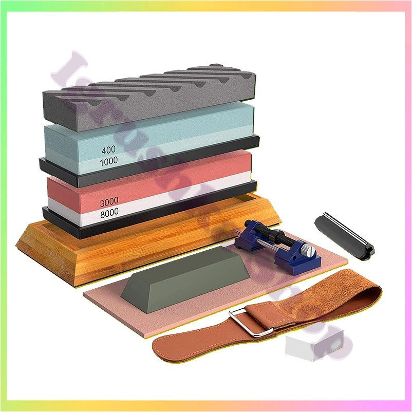 Професійний набір для заточування ножів з бамбуковою підставкою та направляючої для кута заточування каміння для правки ножів, фото 1