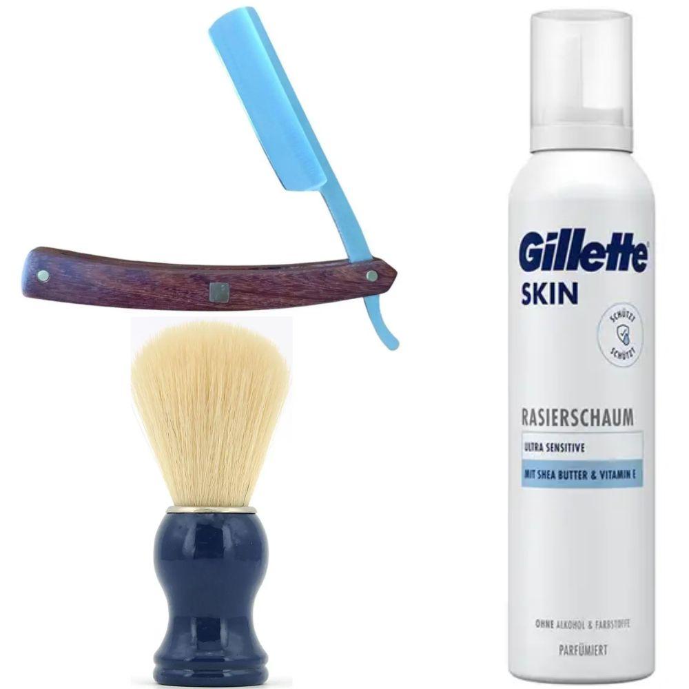 Небезпечна бритва/шавета розкладна Straight Razor + помазок SHIMA синій + піна для гоління Gillette Skin Ultra Sensitive, фото 1