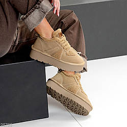 Замшеві Бежеві кросівки уггі з хутром Тедді на потовщеній підошві