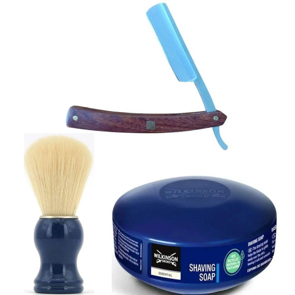 Небезпечна бритва/шавета розкладна Straight Razor + помазок SHIMA синій + мило для гоління Wilkinson Essential 125г, фото 1