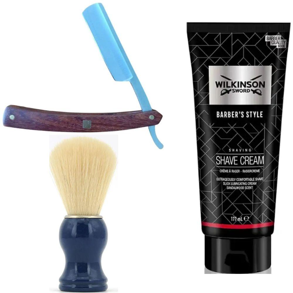 Небезпечна бритва/шавета розкладна Straight Razor + помазок SHIMA синій + крем для гоління Wilkinson Sword Barber's Style Shave, фото 1