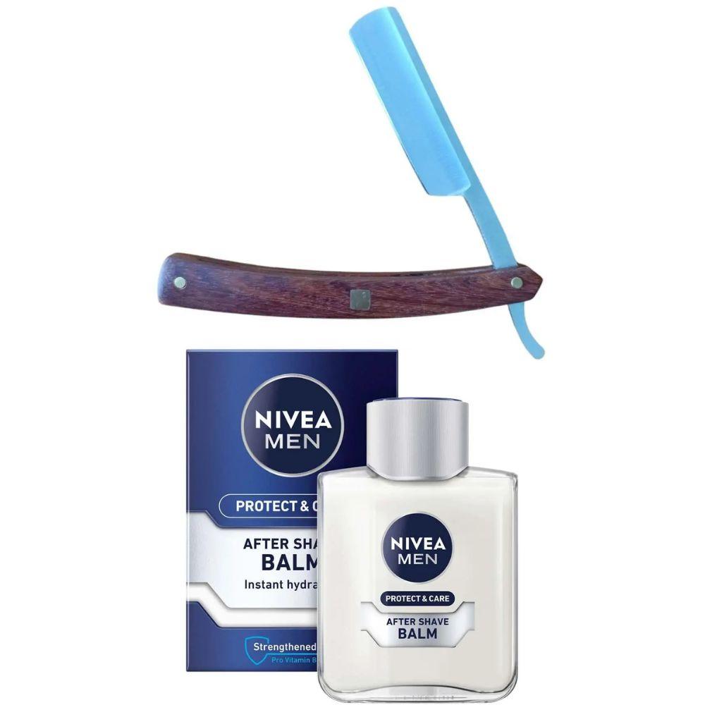 Небезпечна бритва/шавета розкладна Straight Razor + бальзам після гоління Nivea Men Protect & Care 100 мл, фото 1
