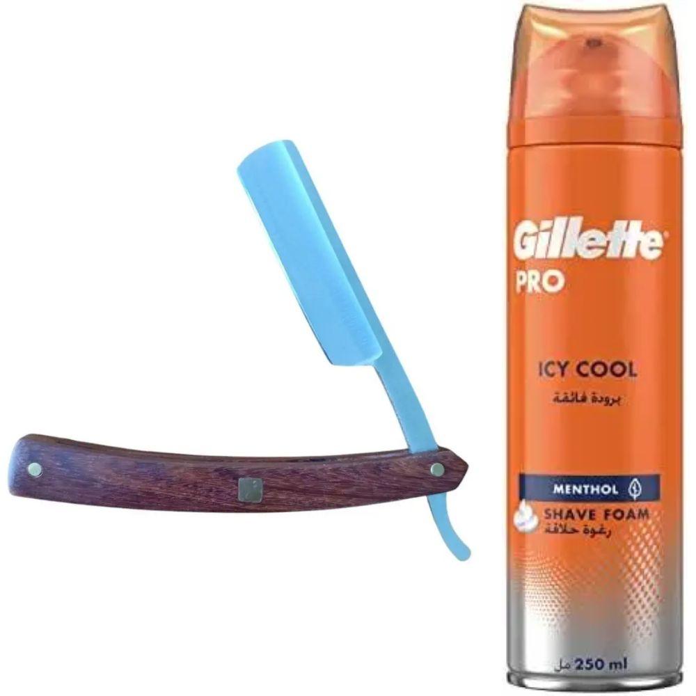 Небезпечна бритва/шавета розкладна Straight Razor + піна для гоління Gillette Pro Icy Cool з ментолом, фото 1