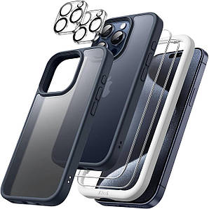 JETech 5 в 1 - Матовий чохол для iPhone 15 Pro. Напівпрозорий ударостійкий чохол із 2 захисними стеклами для екрана та камер