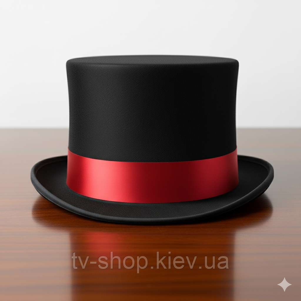 Капелюх циліндр флок, 13 см із червоною стрічкою, фото 1