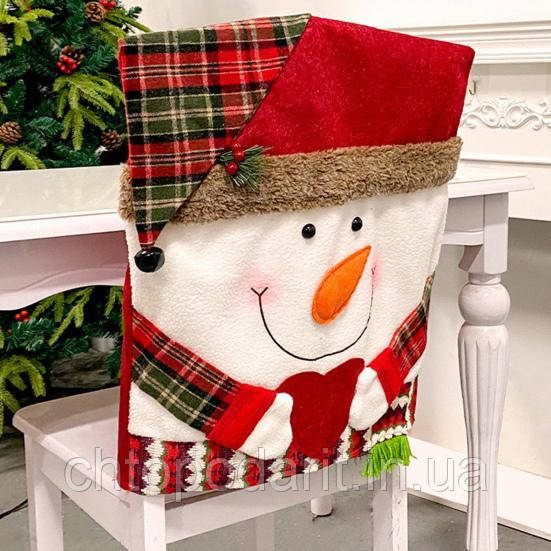 Новорічний чохол на стілець, святкова прикраса для вечірки, різдвяний декор для спинки стільця Сніговик Код 00-0741, фото 1