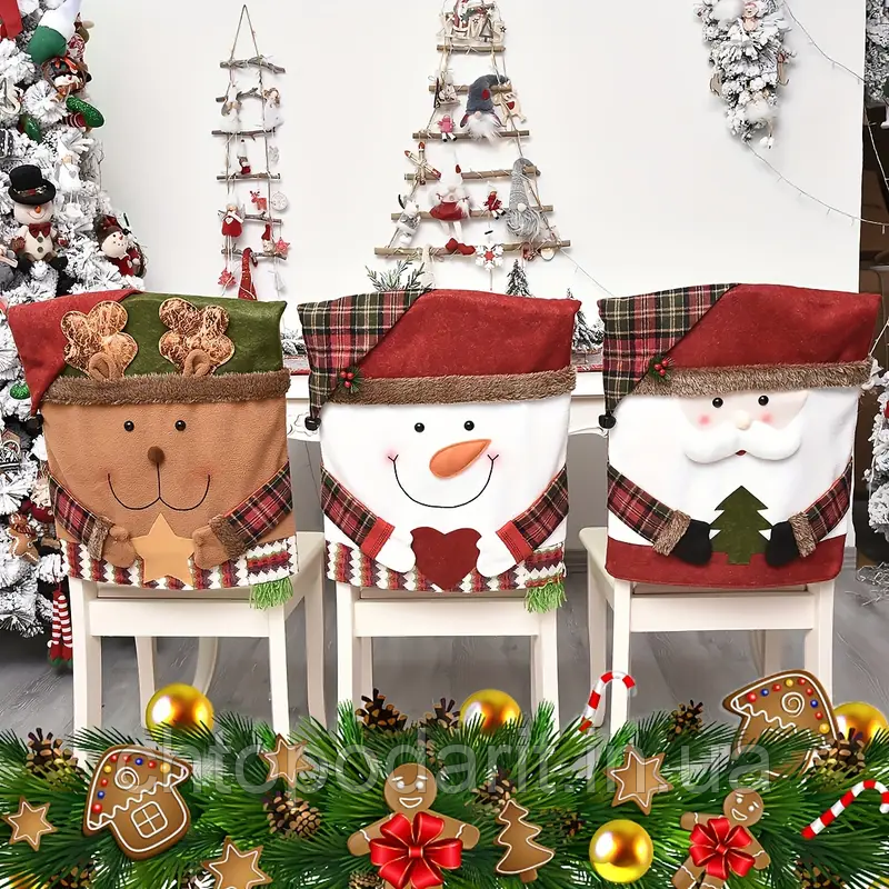 Набір новорічних чохлів на стільці, святкові прикраси, різдвяний декор для спинки стільця Санта, Сніговик, Олень, 3 шт Код 00-0735, фото 1