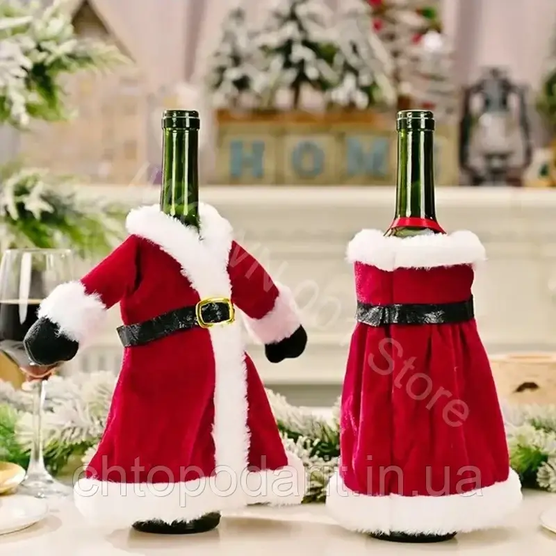 Набір новорічних чохлів на пляшки, святкові прикраси до столу, різдвяний креативний декор Санта та місіс Клаус 2 шт Код 00-0751, фото 1