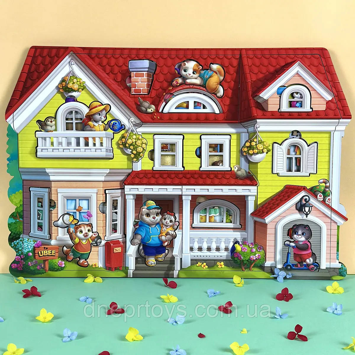 Дитячий деревʼяний розвиваючий фігурний пазл Котячий будинок Літо 95 дет Ubee (ПСД272), фото 1