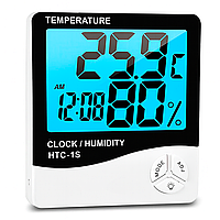 Електронний кімнатний термометр - гігрометр з годинником Uchef HTC-1s, з підсвіткою дисплея, Чорний