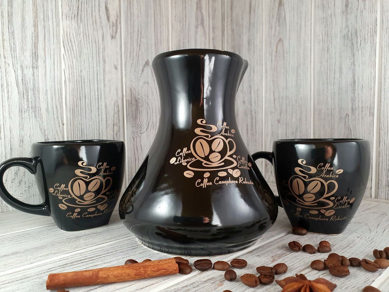 Кавовий набір керамічний "Americano" турка 600 мл + 3 чашки 170 мл, фото 1