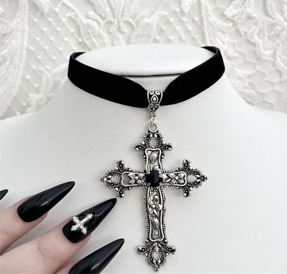 Чокер намисто прикраса на шию оксамитовий з хрестом чорний (CK-KRS), фото 1