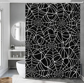 Шторка для ванної та душу з кільцями 180x180 см водостійка, шторка для ванної кімнати з гачками,чорна з принтом павутини