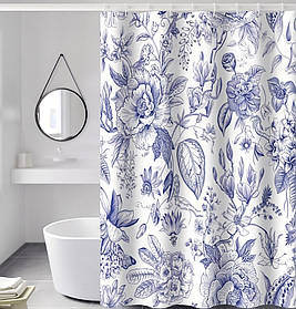 Шторка для ванної та душу з кільцями 180x180 см водостійка, шторка для ванної кімнати з гачками,біла з квітковим принтом