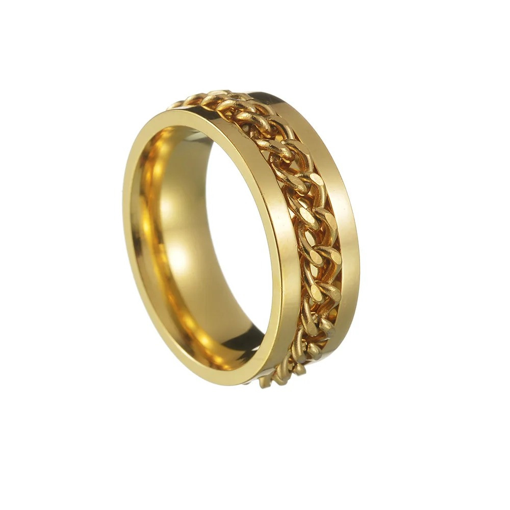 Золотисте каблучка з титанової сталі з обертовими золотистими ланцюжками посередині стильна розмір 18, фото 1