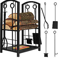 Набір підставка для дров з аксесуарами Kaminer 8785, сталева, двоярусна, з набором для каміна (щипці, совок, віник, кочерга)