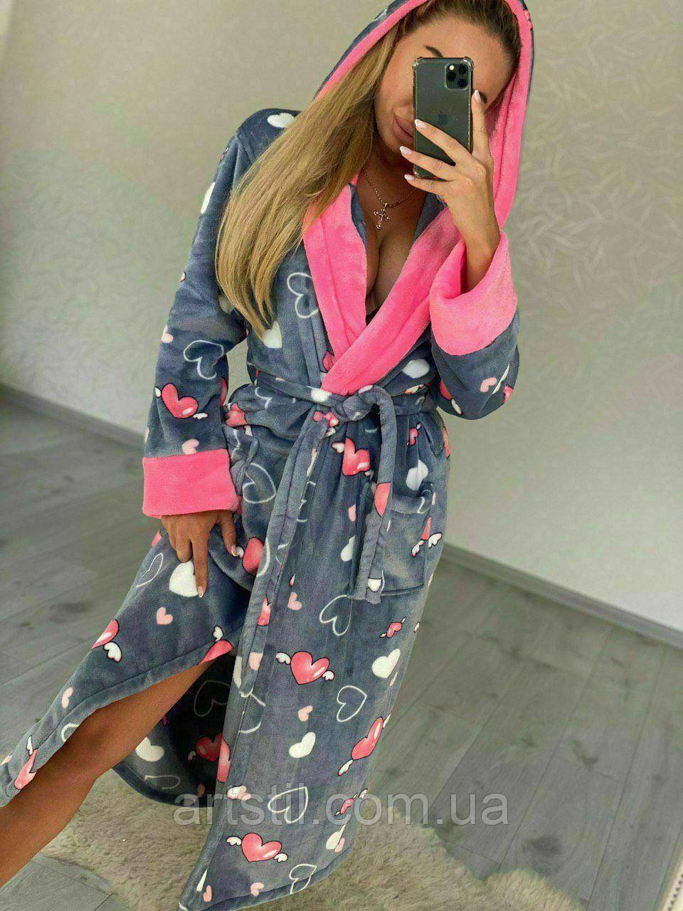 Сірий жіночий довгий халат з серцями, дуже теплий і ніжний, фото 1