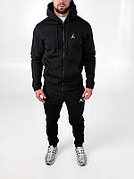 Чоловічий чорний спортивний костюм Jordan зимовий 2в1 на блискавці, Теплий флісовий костюм Джордан чорного кольору Кофта та Штани