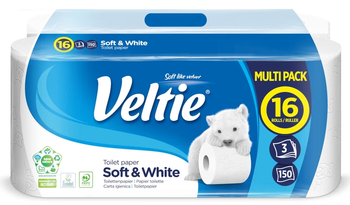 Туалетний папір Veltie Soft White 16 рулонів 3-ох шаровий без аромату, фото 1