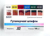 Гуттаперчевые штифты SANI конус 02 №15-40 ассорти