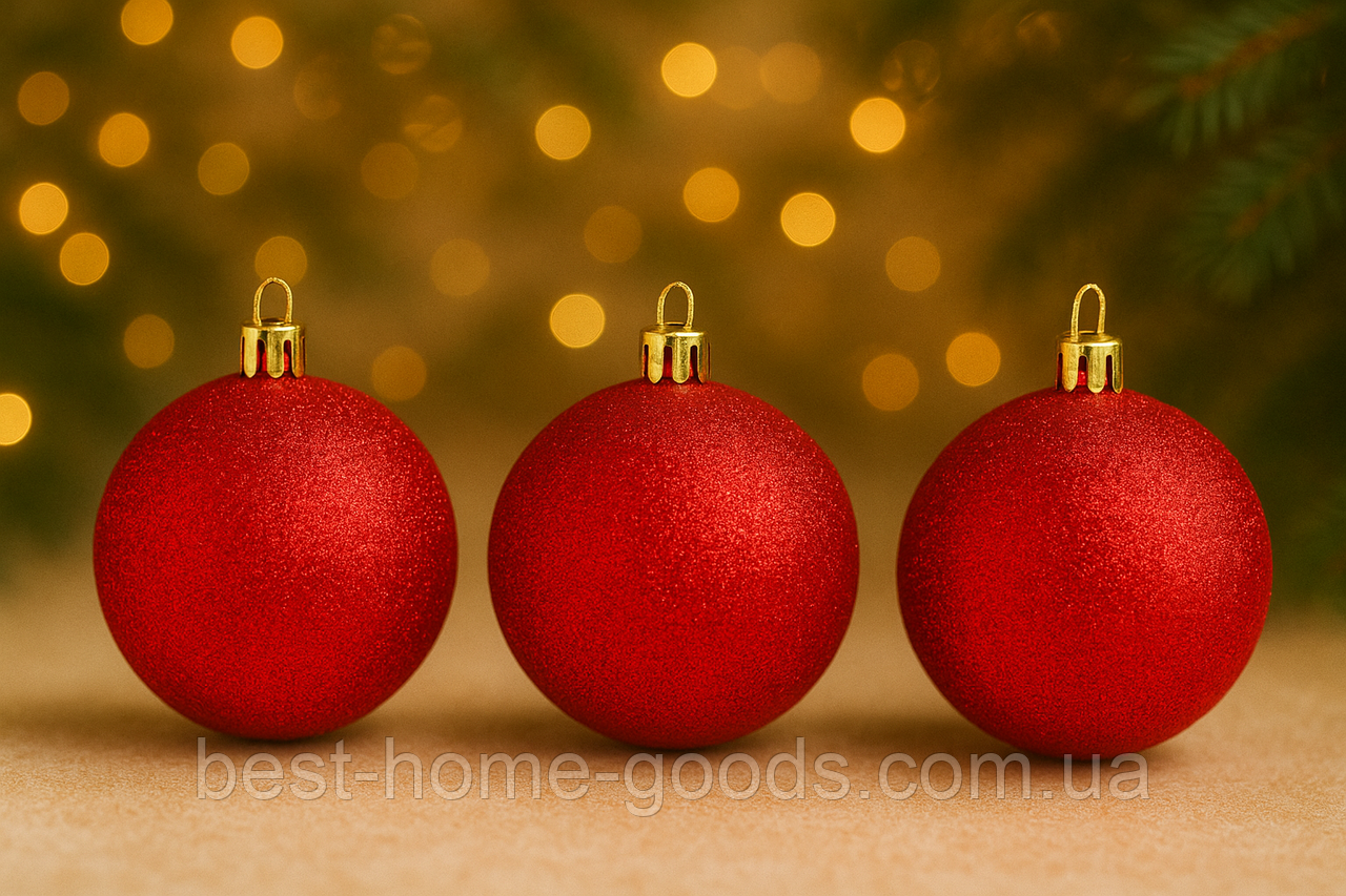 Набір новорічних куль 8 см, 6 шт – яскраві пластикові ялинкові прикраси з блиском, 18 кольорів, фото 1