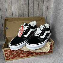 Зимові Vans Old Skool Black White Winter Fur низькі кеди Ванс чорні білі замша біле хутро Унісекс, фото 4