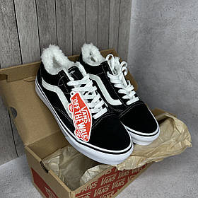 Зимові Vans Old Skool Black White Winter Fur низькі кеди Ванс чорні білі замша біле хутро Унісекс