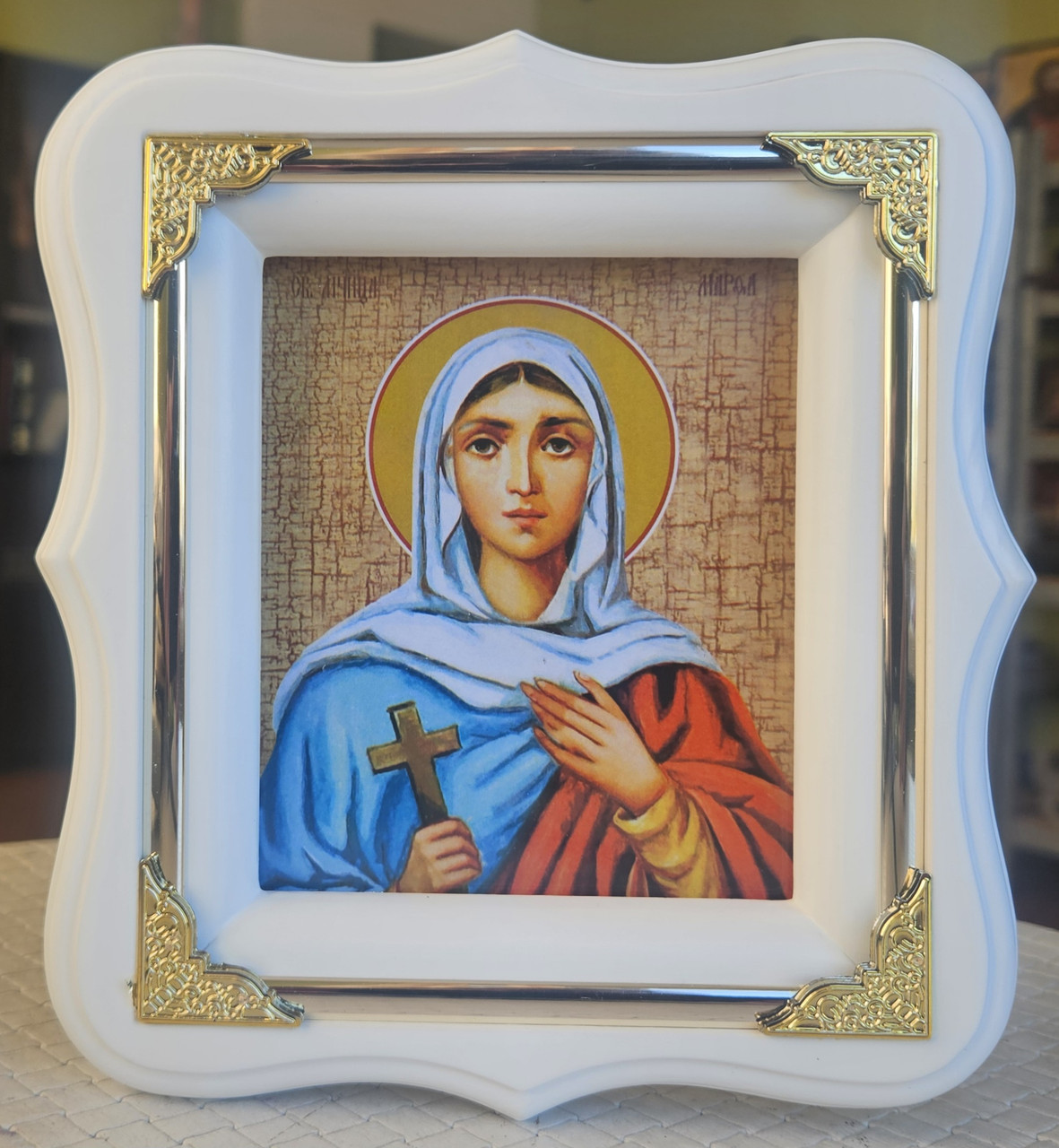 Ікона свята Марта в білому фігурному дерев'яному кіоті під склом, розмір кіота 18*16, лик під старовину 10×12, фото 1