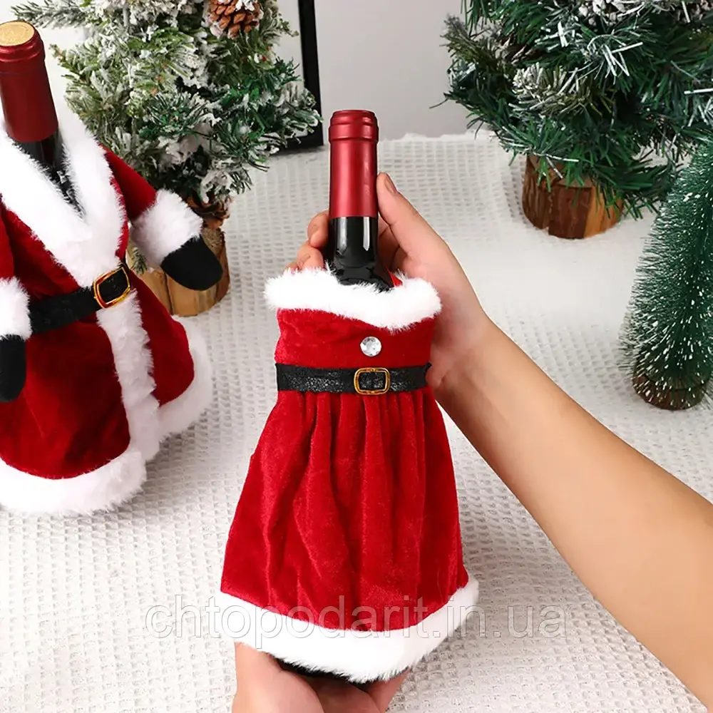 Новорічний чохол на пляшку, святкова прикраса до столу, різдвяний креативний декор Місіс Клаус 1 шт Код 00-0750, фото 1