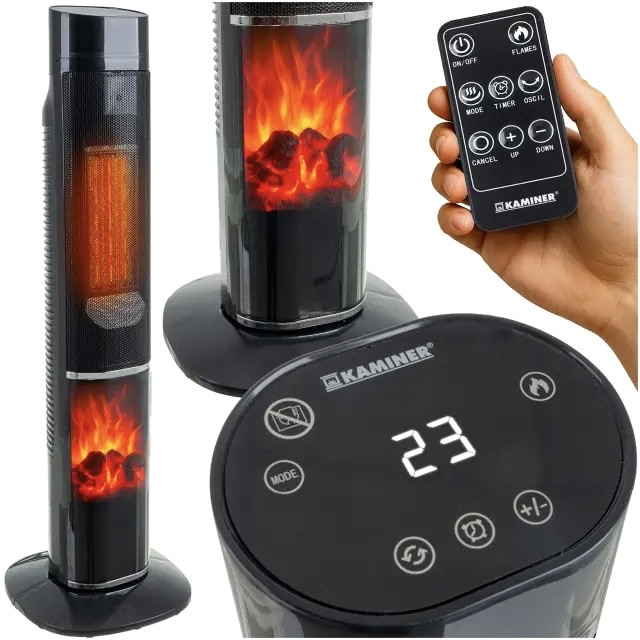 Колонний тепловентилятор Kaminer 26401 2000 Вт, ефект каміна, пульт Польща