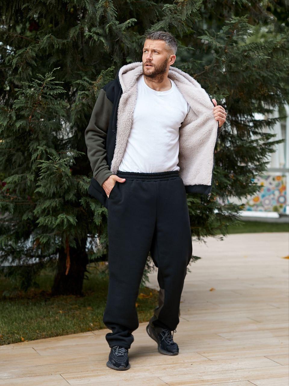 Чоловічий теплий костюм "Куртка з овчиною + штани тринитка на флісі", фото 1
