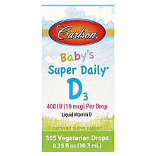 Вітамін D3, Baby's Super Daily D3, Carlson, для дітей, 10 мкг (400 МО), 10,3 мл
